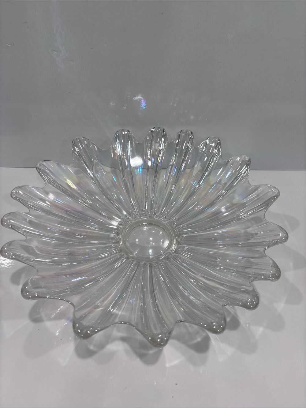 Vintage iridescent glass daisy bowl-large clear floral centerpiece dish-12”